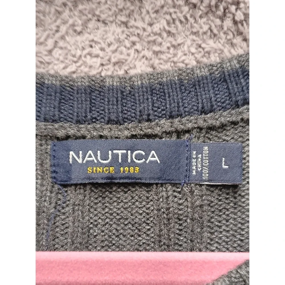 Nautica Men's Sweater Large Gray 100% Cotton Cable Knit Crewneck